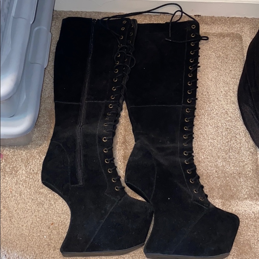 Knee high black suede lace up boots